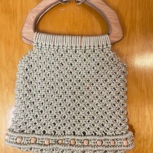 Handcrafted Beige‎ Macramé Bag with Wooden Handle